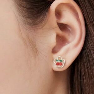 NEW Dolls Kill Golden Cherry Fruit in Pearls Flowers Stud Earrings